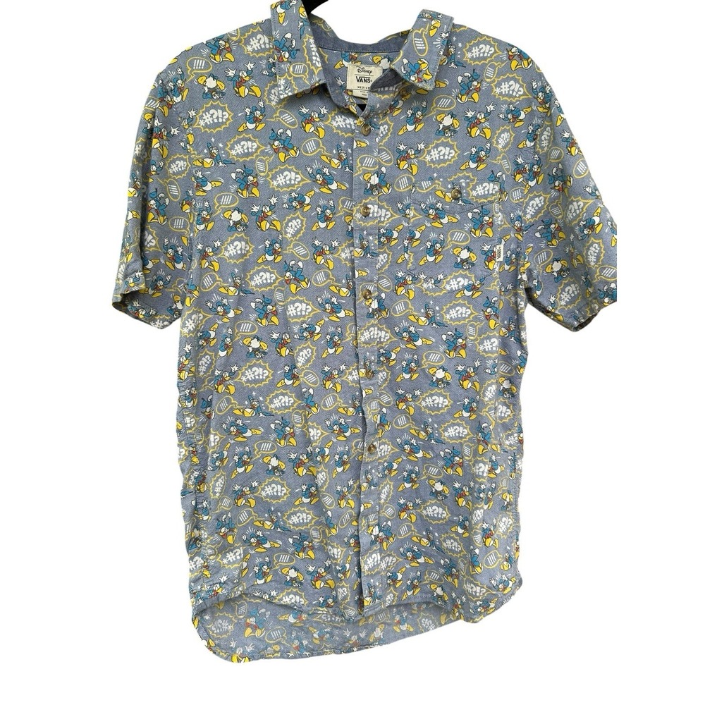 Vans Disney Shirt Mens Medium Blue Donald Duck Button Up Camp Shirt EUC